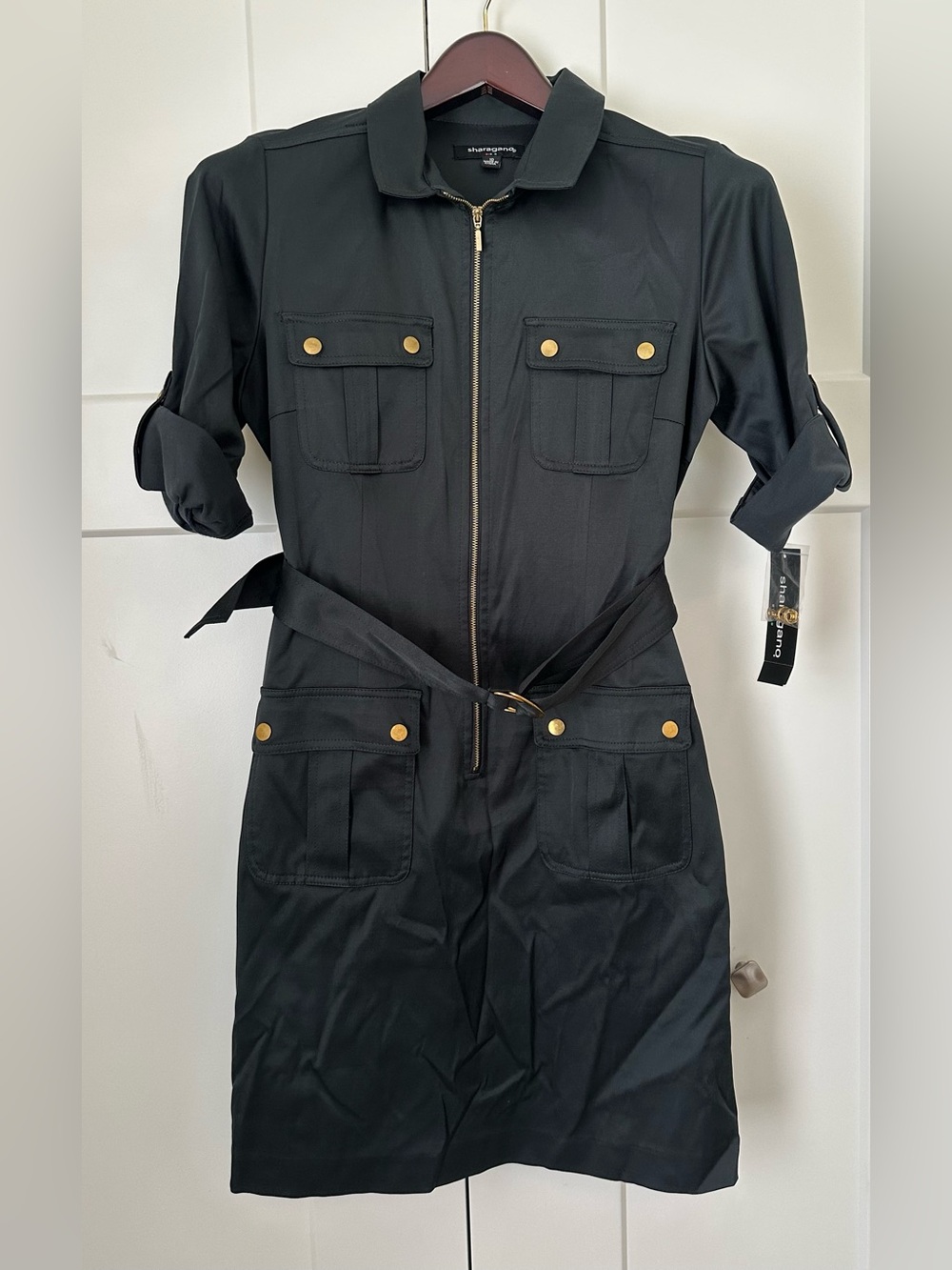 Sharagano Black Utility Belted Zip-Front Jacket Dress‎